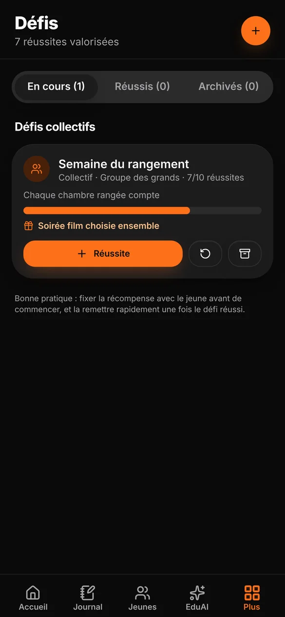 Écran Défis d'EduConnect