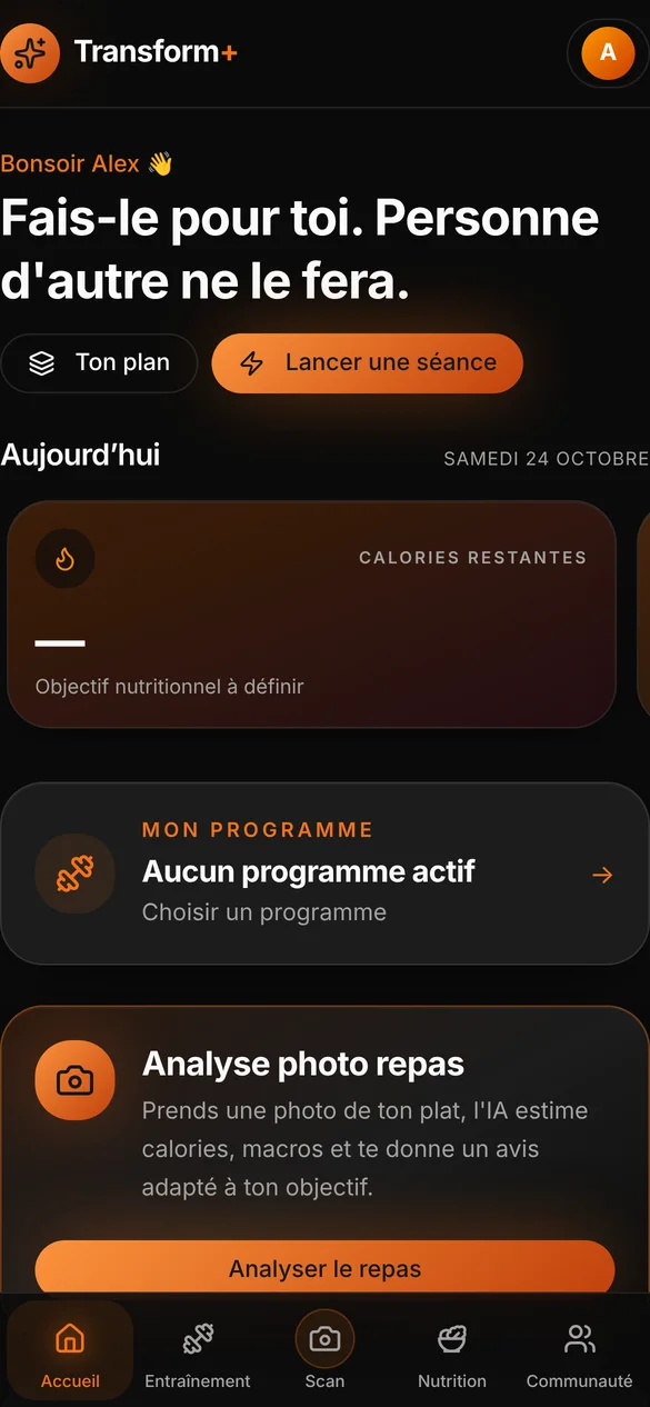 Écran d'accueil de l'application Transform+ sur téléphone
