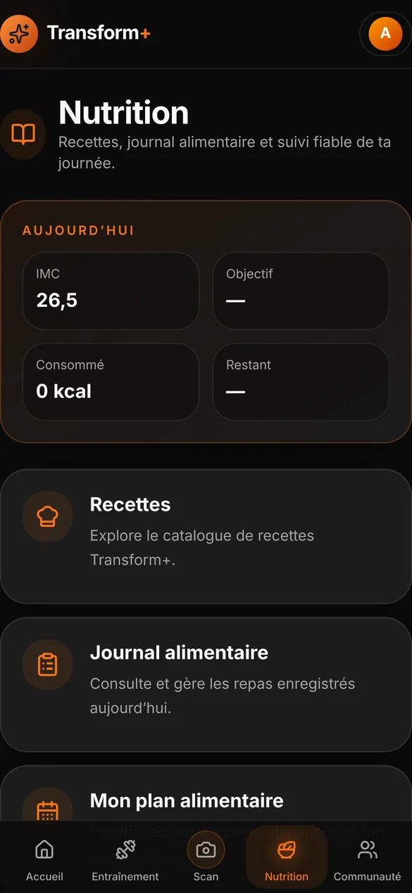 Écran Nutrition de Transform+