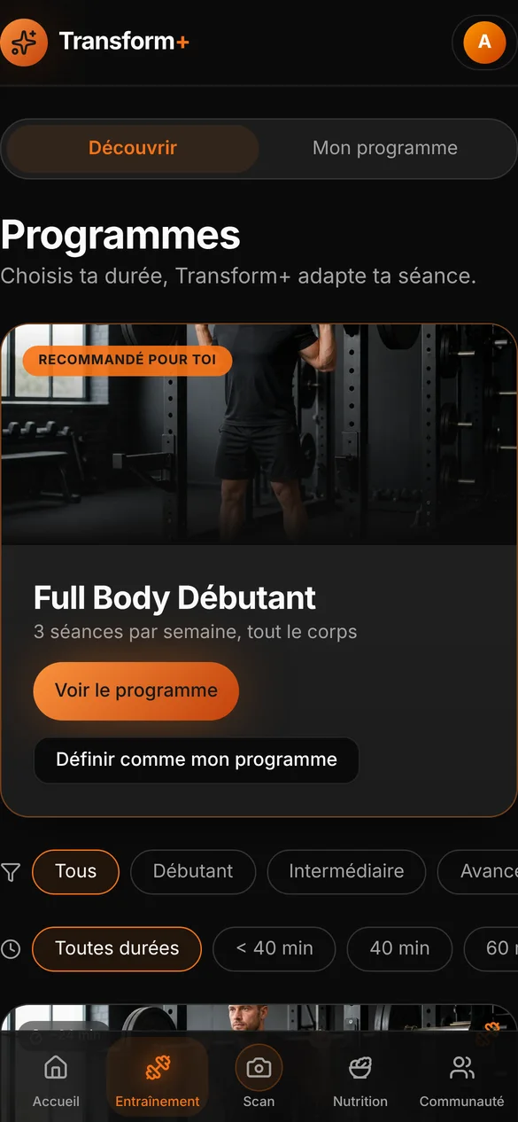 Écran Programmes de Transform+ avec filtres par niveau et par durée