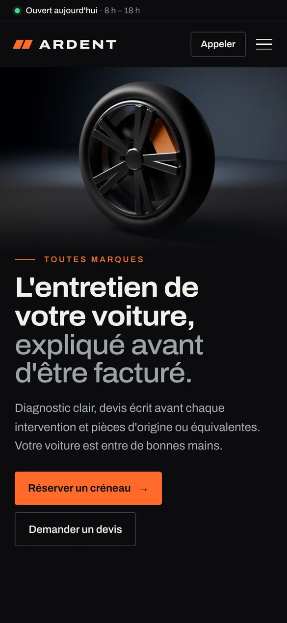 Page d'accueil du concept Ardent Automobiles sur téléphone