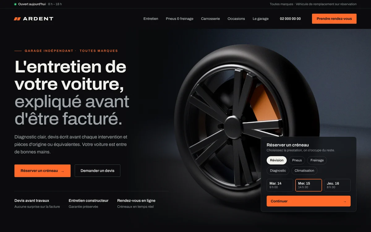 Après : site moderne du garage fictif Ardent Automobiles