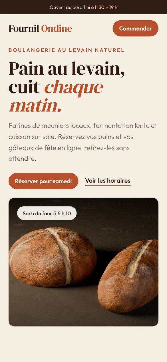 Page d'accueil du concept Fournil Ondine sur téléphone