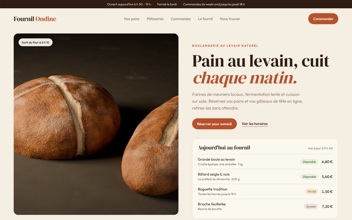 Page d'accueil du concept Fournil Ondine sur ordinateur