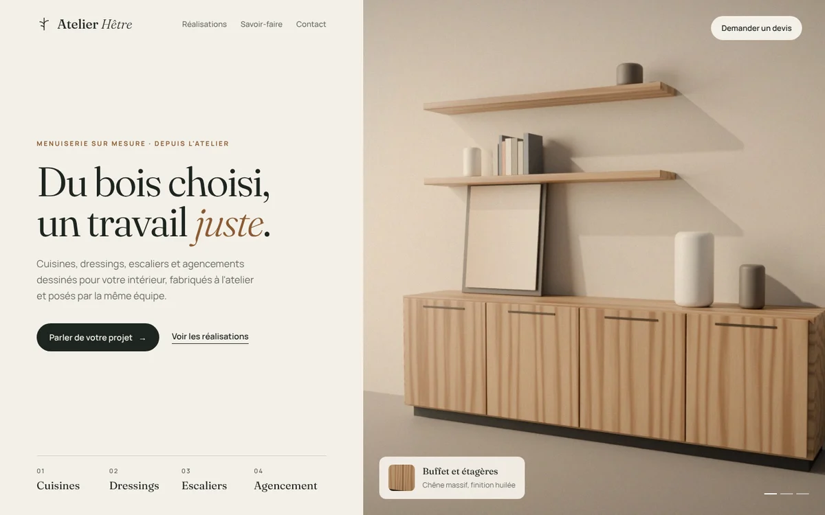 Concept de site pour une menuiserie, affiché sur ordinateur